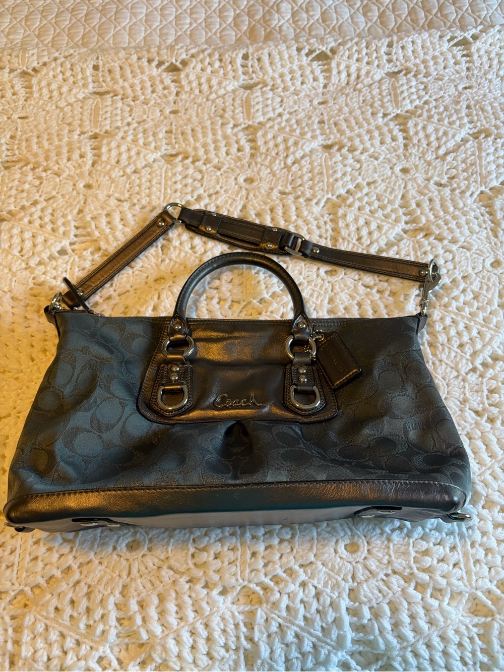 Coach pewter Signature Canvas Convertible Satchel with Leather Trim